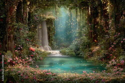 Magical Forest Waterfall With Blooming Roses