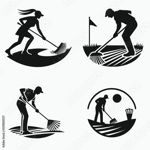 A Golfer bunker rake finish. Sports Activity Playing Game Athlete Competition Clipart Line Art Vector Illustration. golf smoothing sand trap terrain with tool for neat result.