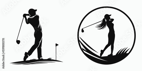 A Golfer fairway iron shot. Sports Activity Playing Game Athlete Competition Clipart Line Art Vector Illustration. Player using long for grass area stroke during round.