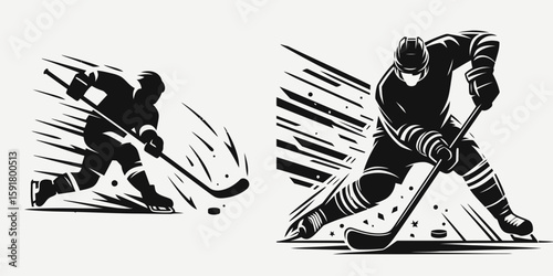 A Hockey forward slap shot. Sports Activity Playing Game Athlete Competition Clipart Line Art Vector Illustration. Ice sport player strike potent puck launch technique toward goal.