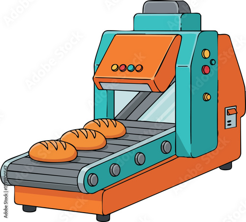 Bread baking machine with conveyor belt in orange and teal colors vector illustration