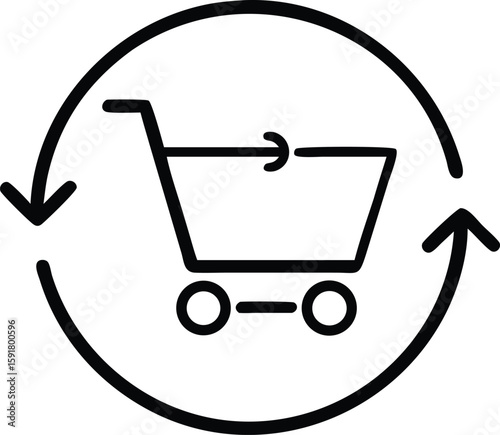 Black shopping cart icon with circular arrows on white background symbol commerce