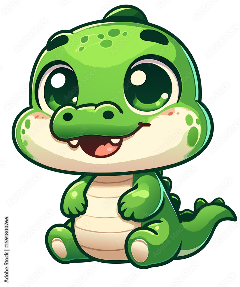 Fototapeta premium Cute cartoon baby crocodile with big green eyes, happy smile, and chubby body, perfect for kids, nursery, jungle, and animal-themed illustrations or decor