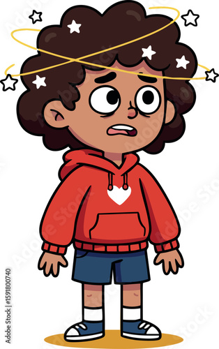 Confused young boy with stars and halo dizziness effect vector illustration