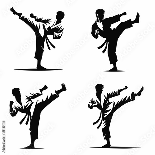 A Karate fighter front kick. Sports Activity Playing Game Athlete Competition Clipart Line Art Vector Illustration. Martial combatant forceful foot thrust offensive action technique.