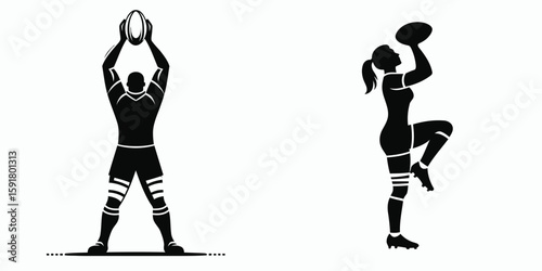 A Rugby player lineout lift. Sports Activity Playing Game Athlete Competition Clipart Line Art Vector Illustration. Action during match muscular man assists another teammate the throw.