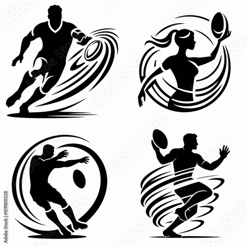 A Rugby player pass spiral. Sports Activity Playing Game Athlete Competition Clipart Line Art Vector Illustration. football propel curve motion ball motion via hand.
