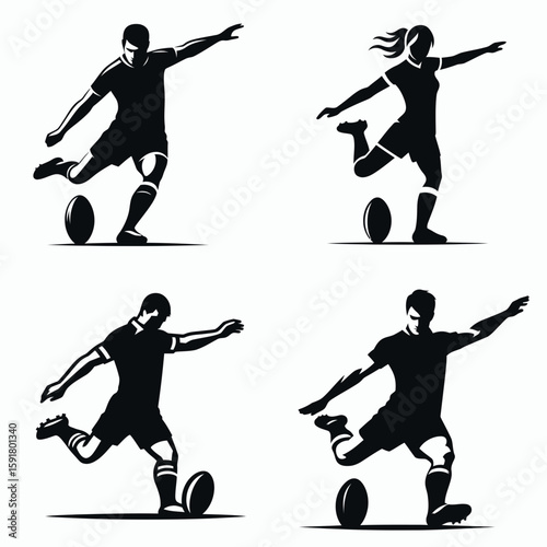 A Rugby player place kick. Sports Activity Playing Game Athlete Competition Clipart Line Art Vector Illustration. Action shot using foot to propel oval ball during match.