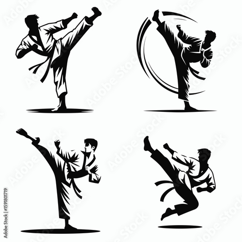 A Taekwondo fighter spinning kick. Sports Activity Playing Game Athlete Competition Clipart Line Art Vector Illustration. Martial combatant turning foot strike in action for self defense.