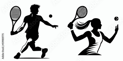 A Tennis player backhand volley. Sports Activity Playing Game Athlete Competition Clipart Line Art Vector Illustration. Male stroke at net during lawn with one-handed return.