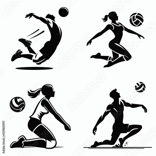 A Volleyball player dig dive. Sports Activity Playing Game Athlete Competition Clipart Line Art Vector Illustration. sprawl action defensive reach for ball control on court.