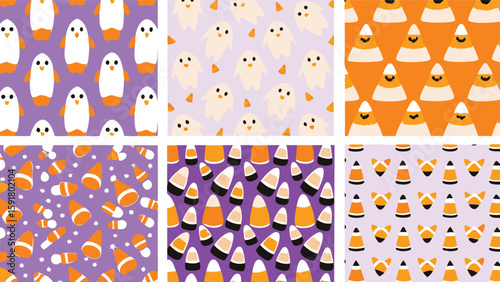 A collection of halloween themed patterns featuring ghosts and candy corn illustrations design art