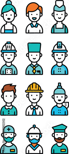 Vector art of a diverse collection of professional occupation icons representing various careers and jobs in a flat, illustrative style isolated on transparent background.