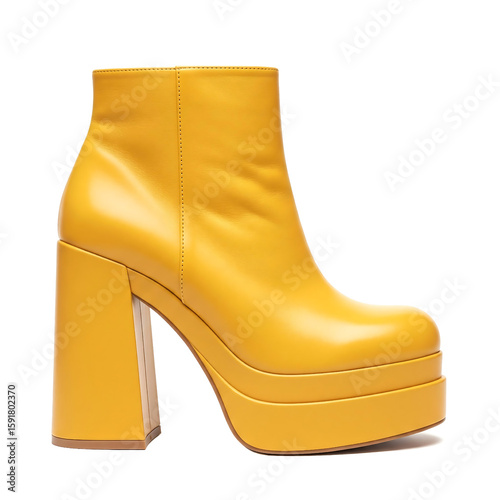 Retro fashioned bright yellow leather chunky platform boot with a thick heel and rounded toe isolated on white background, women footwear