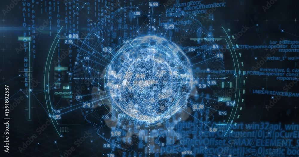 Interface opening revealing wireframe globe lit nodes materializing rotating illustrating data net