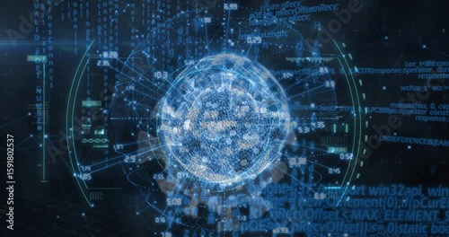 Interface opening revealing wireframe globe lit nodes materializing rotating illustrating data net