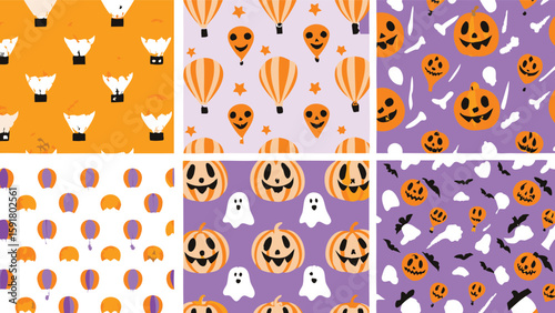 Various halloween themed patterns with pumpkins bats ghosts and hot air balloons are displayed here
