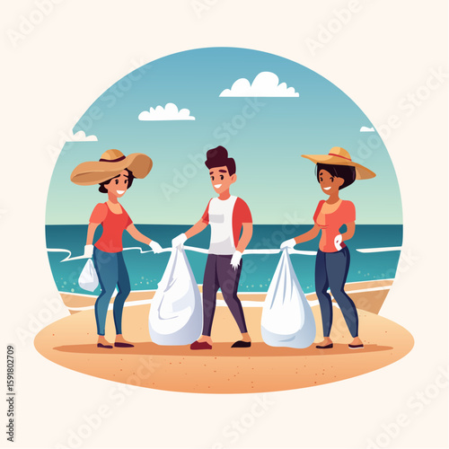Three people collecting trash on a beach, a community effort to keep the environment clean.