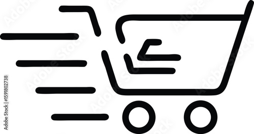 Black shopping cart icon with motion lines and wheels trolley commerce