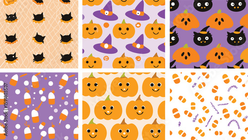 A collection of halloween themed patterns featuring pumpkins cats candy corn and witch hats in various colors