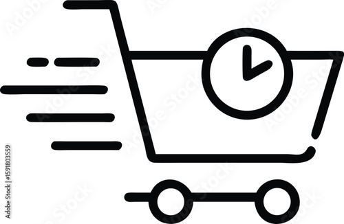 Black shopping cart with clock and motion lines icon on white background trolley commerce
