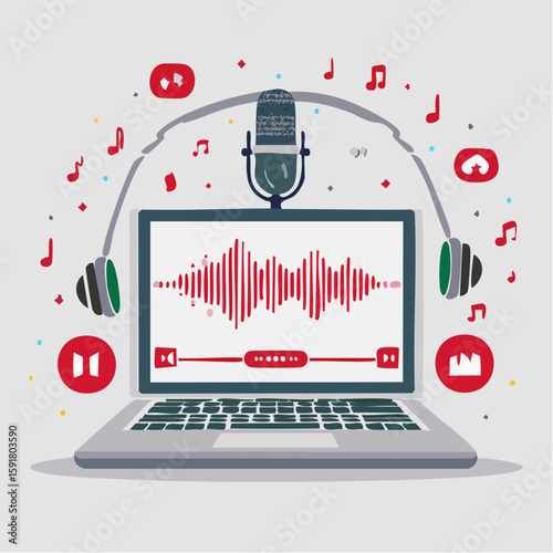 Laptop displaying audio waveform, microphone, headphones, and music notes; podcasting and audio production concept.