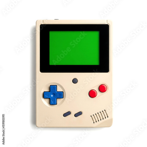 Vintage beige handheld gaming console with blank green screen isolated on white background