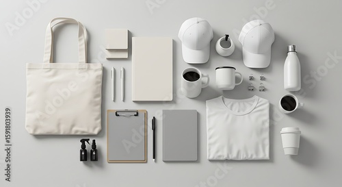 A flat lay of white promotional items, including tshirts, caps, and mugs