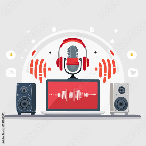 A modern podcasting or streaming setup featuring a microphone, headphones, laptop with a soundwave, and speakers.
