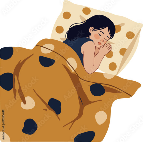 Woman Sleeping Peacefully Under Brown Polka Dot Blanket on Pillow Vector Illustration