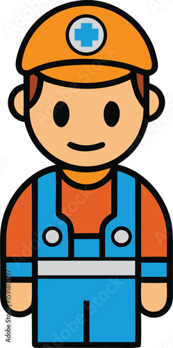 Vector art of a cartoon construction worker icon with a safety helmet and overalls, isolated on a transparent background.