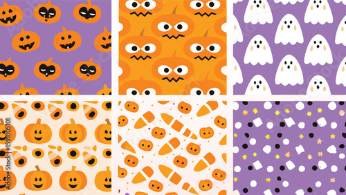 A halloween themed pattern featuring pumpkins ghosts and candy corn in various colors and arrangements