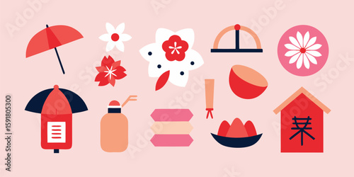 Vector art of a vibrant collection of japanese cultural icons, including flowers, umbrellas, and traditional buildings, presented in a flat design.