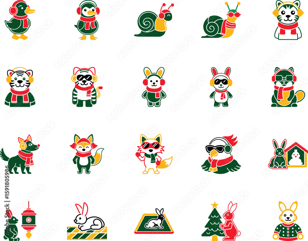 Naklejka premium Cheerful animals wearing scarves and winter accessories bring festive charm to the holiday icons