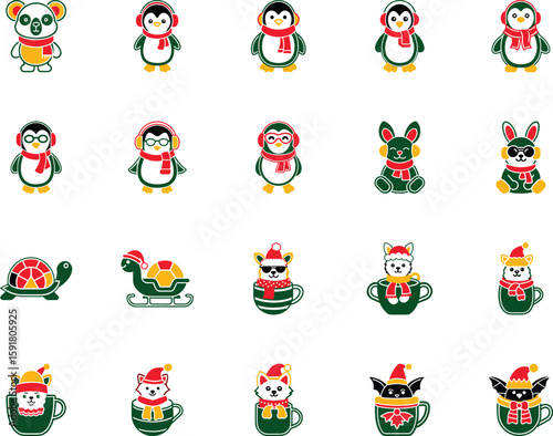 Cartoon animals display scarfs and earmuffs with a tortoise wearing a Santa hat on a sleigh