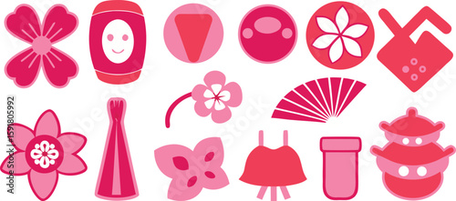 Vector art of a delightful assortment of japanese cultural symbols, featuring flowers, traditional attire, and festive elements in a charming flat style isolated on transparent background.