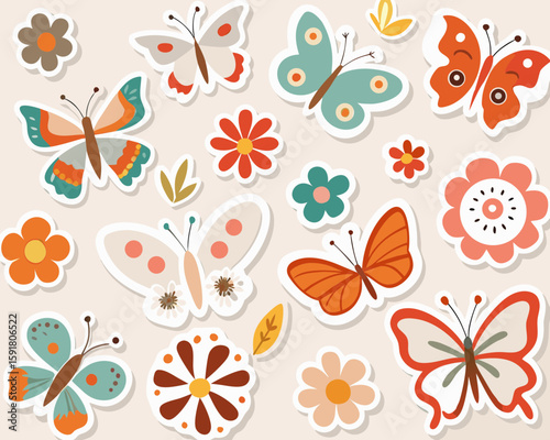 Cute butterfly stickers icon vector set