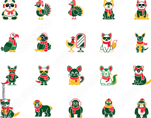 Assorted stylized animals wear scarves, hats, and accessories with a festive and vibrant feel