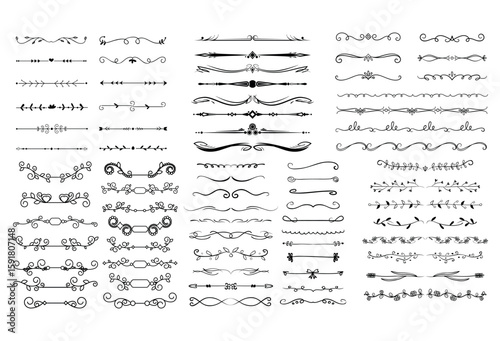 dividers doodle set. Wedding decorative elements. Divider ornament, borders, vintage line separators. Hand drawn vector illustration