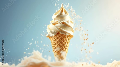 Rotating Soft-Serve Ice Cream Cone with Splashing Milk on Blue Background