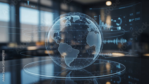 Futuristic holographic globe with data visualizations