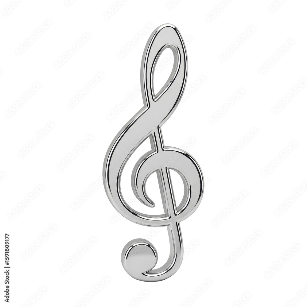 Fototapeta premium pristine metallic silver treble clef symbol, highly polished, reflective, with razor-sharp contours, isolated against a pure plain white background with bright, shadowless lighting, concept of