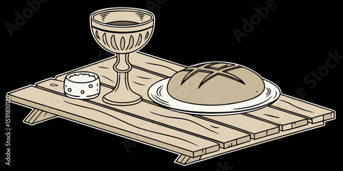 Christian Communion setup on a wooden surface in black background vector illustration.