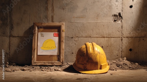 Construction helmet and a framed drawing of a hard hat