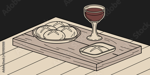 Christian Communion setup on a wooden surface in black background vector illustration.