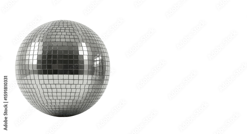 Fototapeta premium Two identical, perfectly spherical disco balls with polished mirrored facets reflecting intricate light, isolated on a pristine transparent studio background with no shadows, floating. Concept of