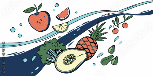A mix of fresh fruits and vegetables diving into clear blue water, symbolizing health, diet, and freshness isolated on navy blue white background vector illustration.

