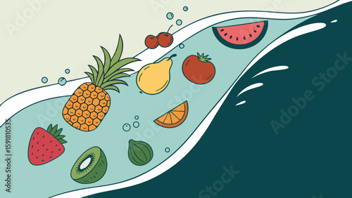 A mix of fresh fruits and vegetables diving into clear blue water, symbolizing health, diet, and freshness isolated on green white background vector illustration.
