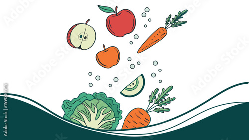 A mix of fresh fruits and vegetables diving into clear blue water, symbolizing health, diet, and freshness isolated on green white background vector illustration.
