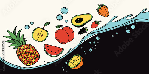 A mix of fresh fruits and vegetables diving into clear blue water, symbolizing health, diet, and freshness isolated on black white background vector illustration.
